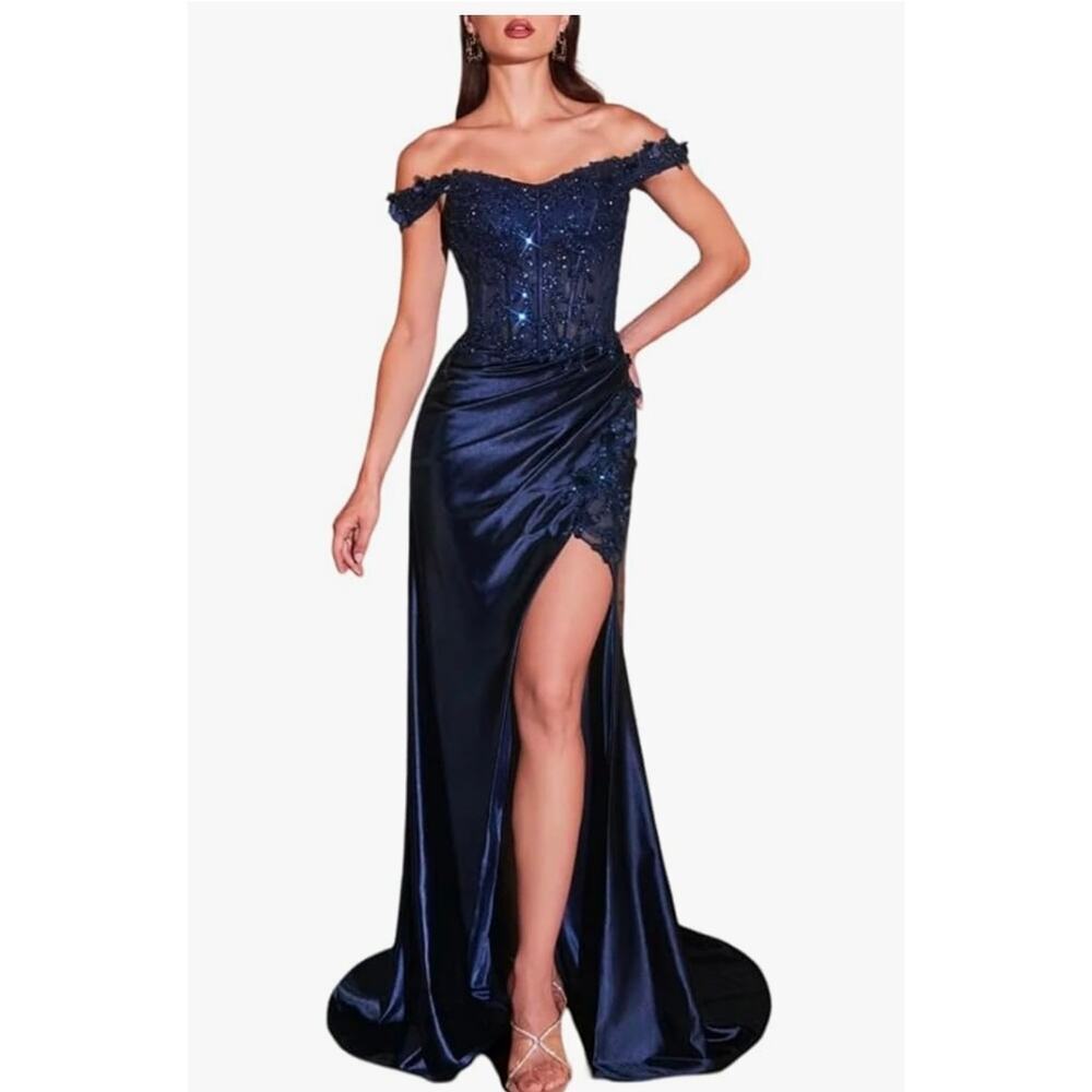 Elegant Lace Satin formal dress high slit Blue flower appliques formal Size 16